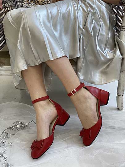 Туфли красные на каблуке с бабочкой натуральная кожа